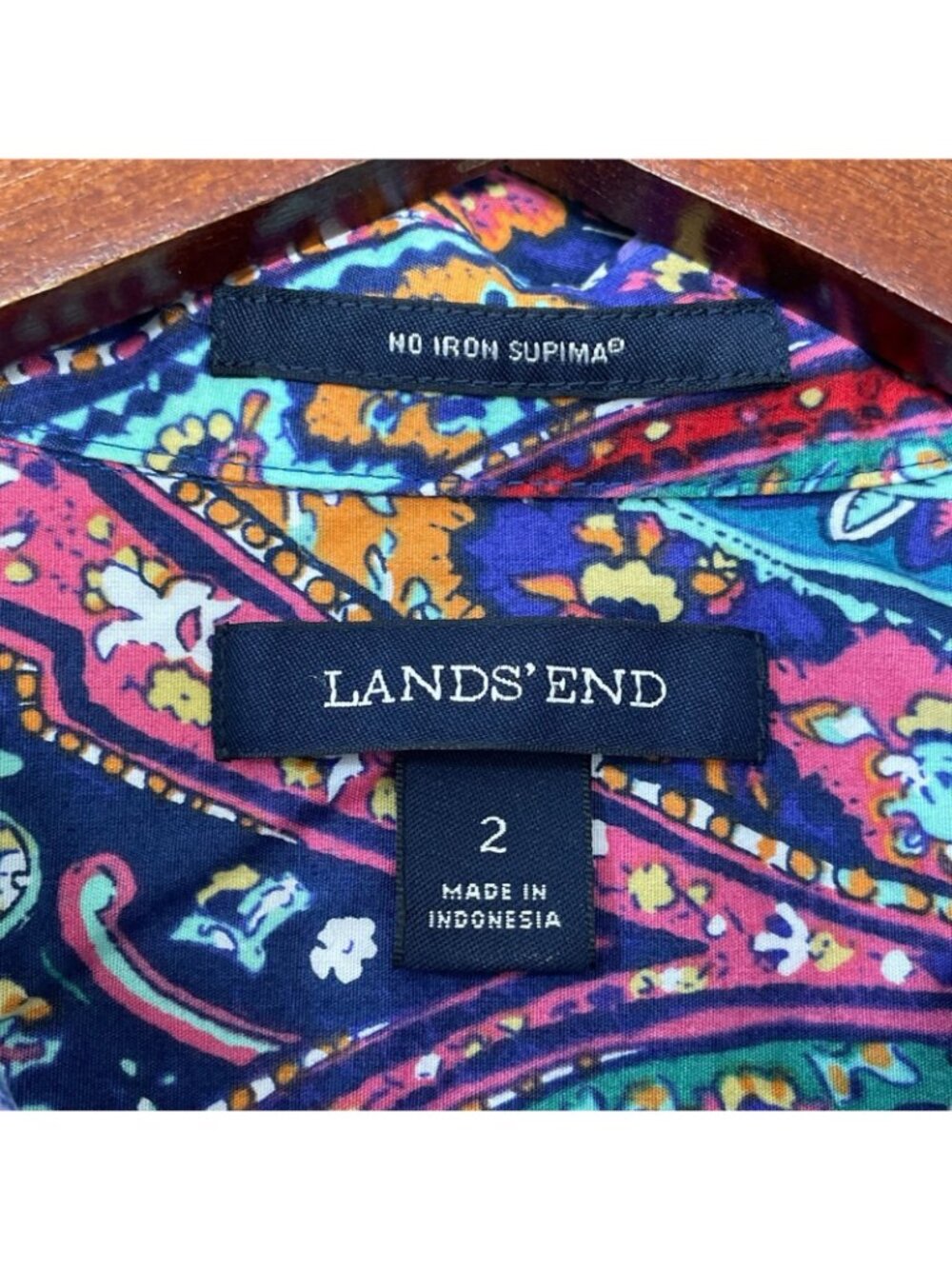 Lands' End Women's 2 Supima Cotton Paisley Pullover Henley Shirt C0790 - Picture 5 of 7